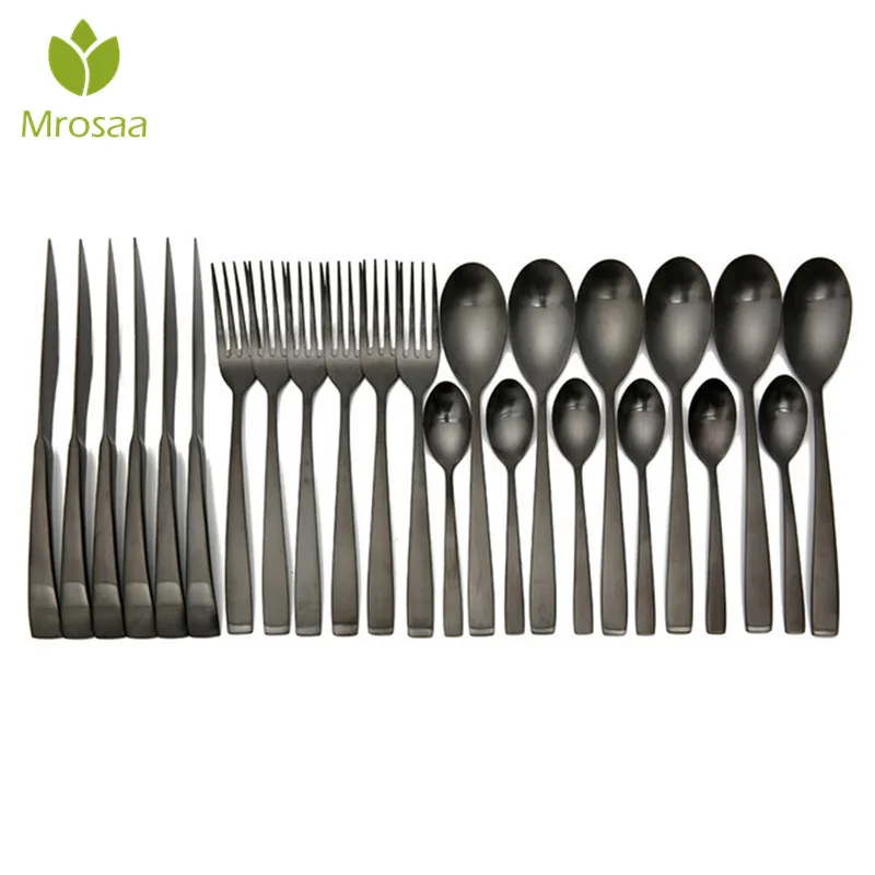

Mrosaa 24 Pcs/Set Stainless Steel Tableware Steak Knifes Dinner Forks Tea Spoons Flatware Set High-end Dinnerware Set Gift