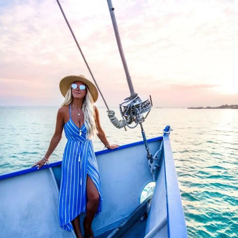 

Women's Sexy v-neck Beach casual Dress Girl Spaghetti Strap Sleeveless Print Striped Dresses Knee-length A-Line split dress 2018