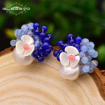 

GLSEEVO 925 Sterling Silver Stud Earrings For Women Big White Freshwater Pearl Blue Natural Stone Shell Flower Earrings GE0017