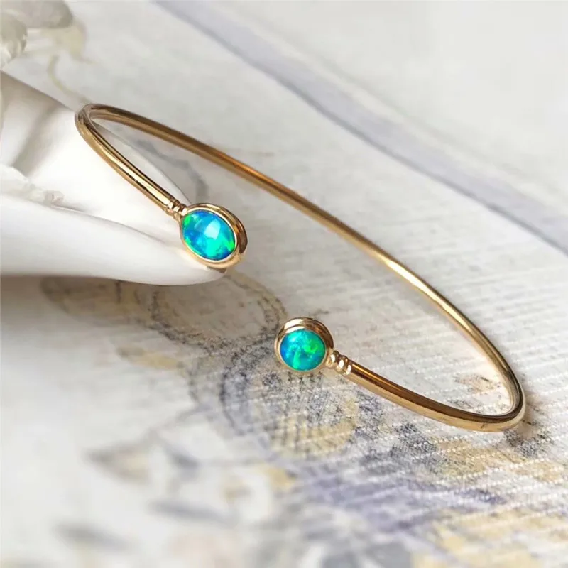Aazuo 100% 18K Yellow Gold Natual Blue Opal Round Opening Bangle gift for Women Girl friend Valentine's Day Gift Real Au750
