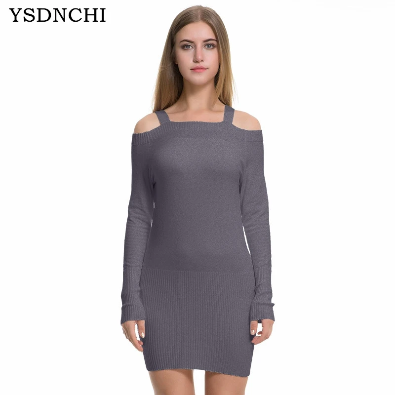 YSDNCHYI модное осеннее женское повседневное облегающее трикотажное платье свитер рубашка сексуальный пуловер с длинными рукавами и открытыми плечами свитера S584 - Цвет: Gray