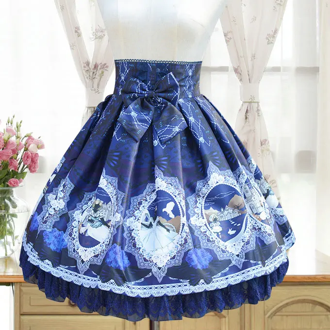

New Arrival 3 Color Sweet Empire Waist Fairy Theme Printed Lace Chiffon Lolita Skirt Free Shipping
