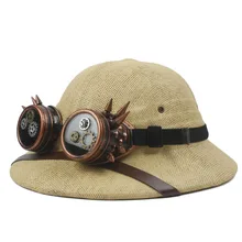 Новинка, соломенный шлем в стиле стимпанк, шляпа от солнца для женщин и мужчин, шапка в стиле вьетнамской армии, очки в стиле панк, сафари, джунгли, шахтеры, шапка 56-59 см