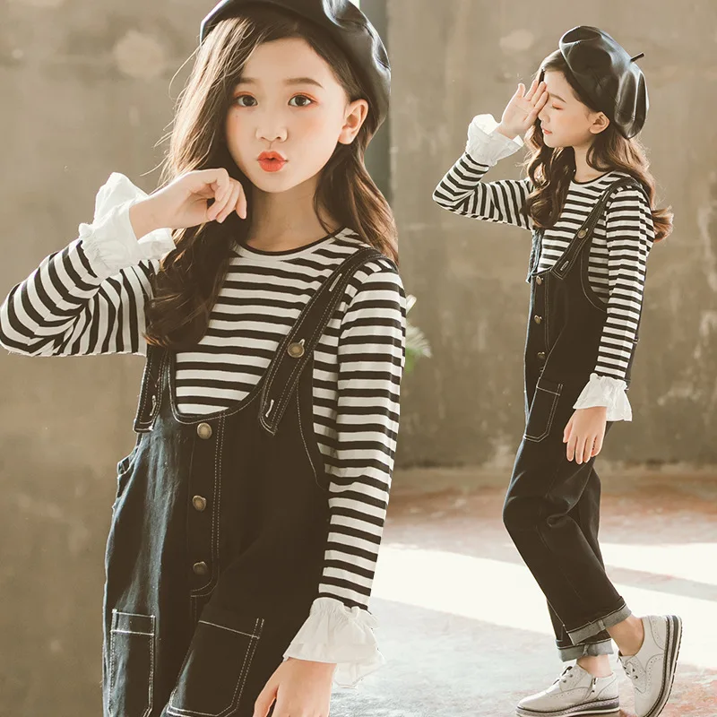 

2Pcs Clothing Set For Girls Autumn Children Long Sleeve Suit Striped T-shirts+Jeans Jumpsuit Tracksuit Clothes For Kids Girls