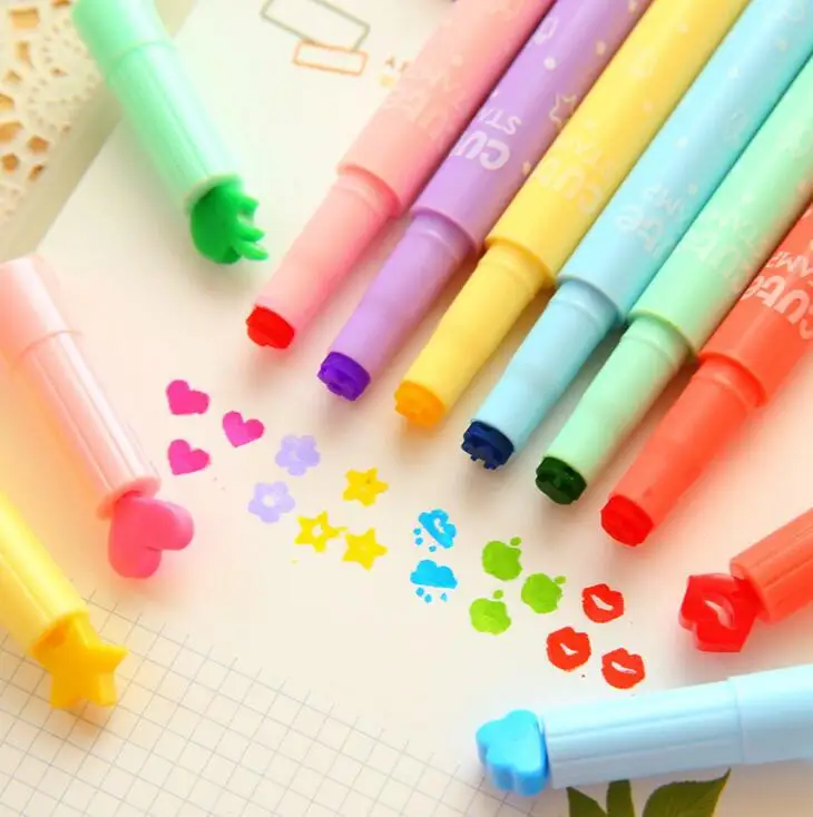 

2 Pcs Kawaii Stamp Pen Heart Star Apple Highlighter Pen Colored Marke Pens for Diary DIY Scrapbooking Painting School Stationery