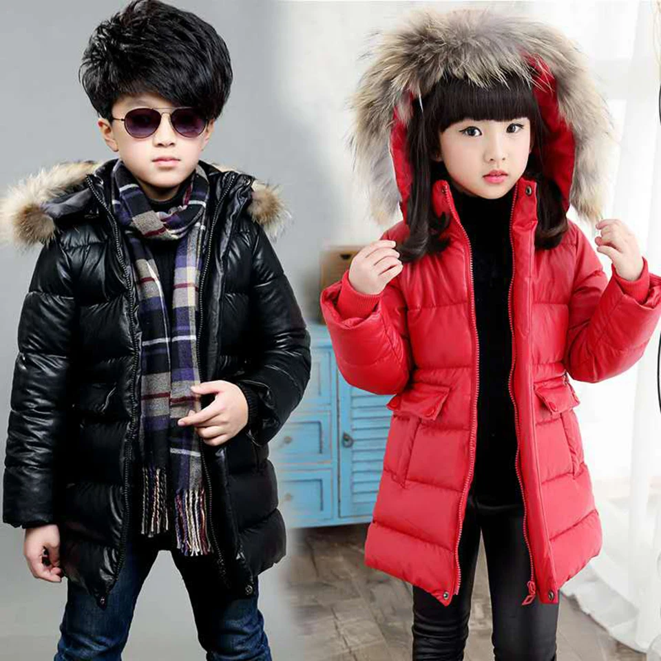 

Russia Winter Kids Winter Outwear Coat Baby Winter Pu Feather Hooded Parkas For Teenagers Girls Boys High Quality Warm Coat