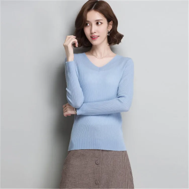 Однотонная шерстяная вязаная женская мода Vneck короткий тонкий пуловер свитер розовый 6 цветов M-L розничная оптом