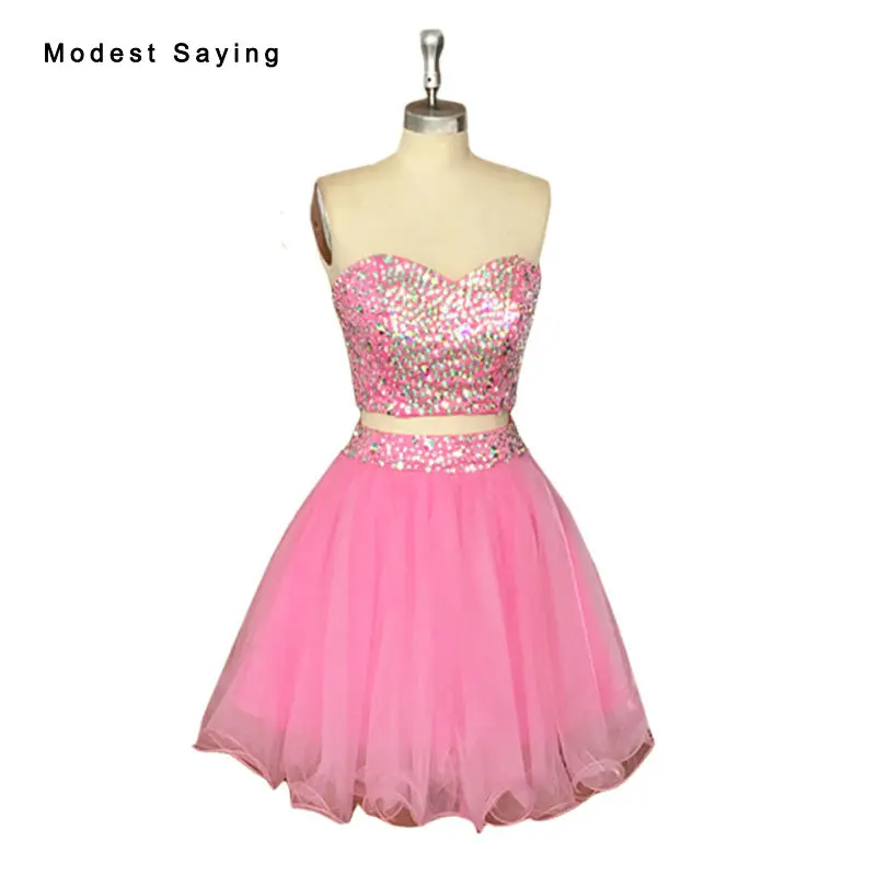

Real Pink A Line Rhinestone Short 2 Pieces Homecoming Dresses 2017 for Size 18 Girls Mini 8th grade Graduation Prom Gowns BC142