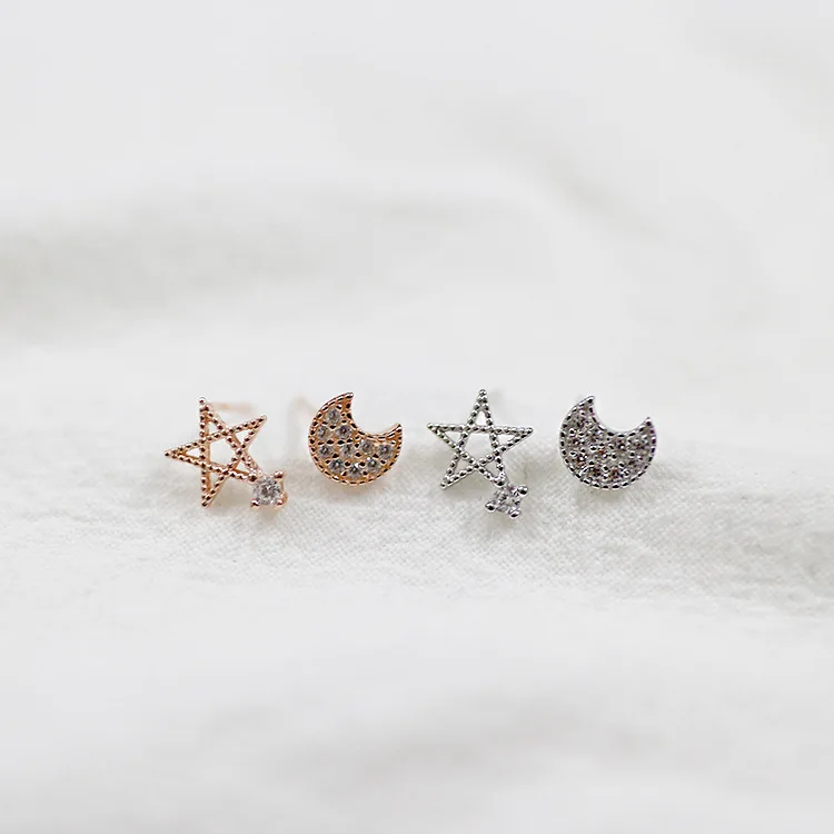 Cute 925 sterling silver asymmetrical moon and star stud earring women
