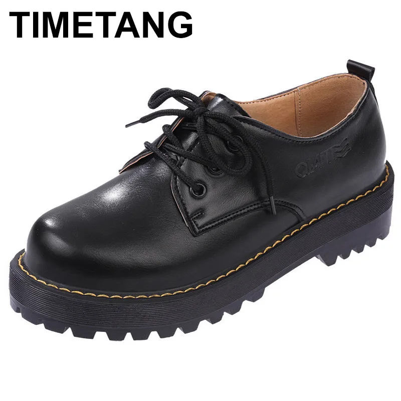 

TIMETANG British Style Women Oxfords New Spring Winter Lace-Up Flats Round Toe Creepers Casual Ladies Platform Shoes Woman