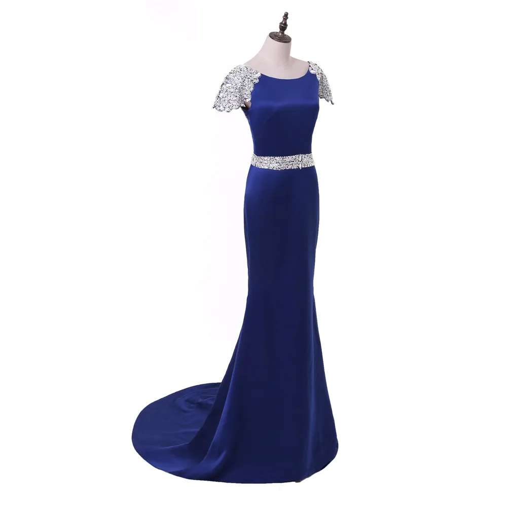 Royal Blue Mermaid Cap Sleeves Crystals Backless Long Evening Dress in Evening Dresses