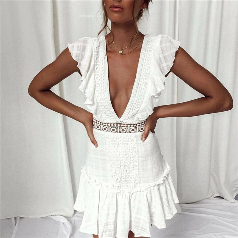 

2019 New Women Summer White Dress Boho Sexy Deep V Neck Ruffle Sleeveless Dresses Women Holiday Beach Party Wrap Slim Vestidos