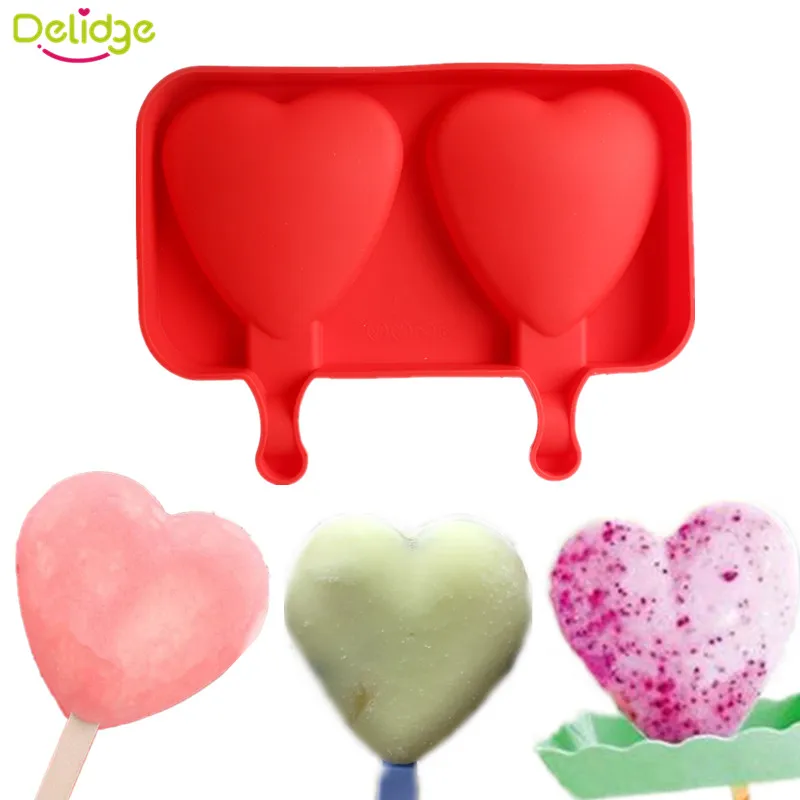 Delidge 1 pc 2 Holes Love Ice Cream Pop Mold Silicone DIY Heart Shaped