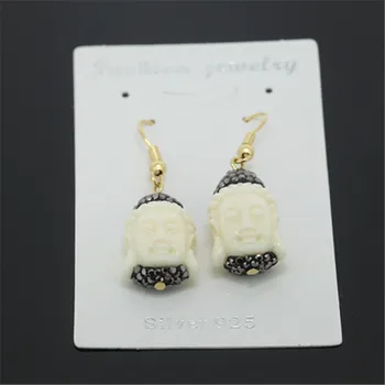 

5pcs Top quality around white shell carved buddha beads charms paved black rhinestones gold color hook earring for women