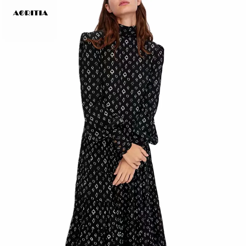 2019 Women Sprint Print Dresses Long Sleeves Bow Neck Dress dress