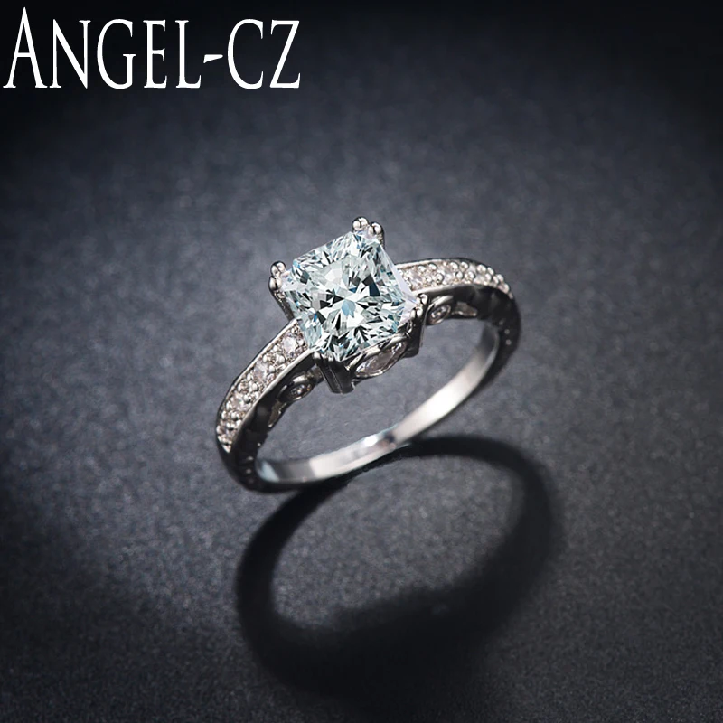 

ANGELCZ Romantic Engagement Gift Luxury White Gold Color Pave 3ct Princess Cut Cubic Zirconia Diamante Women Wedding Ring AR011