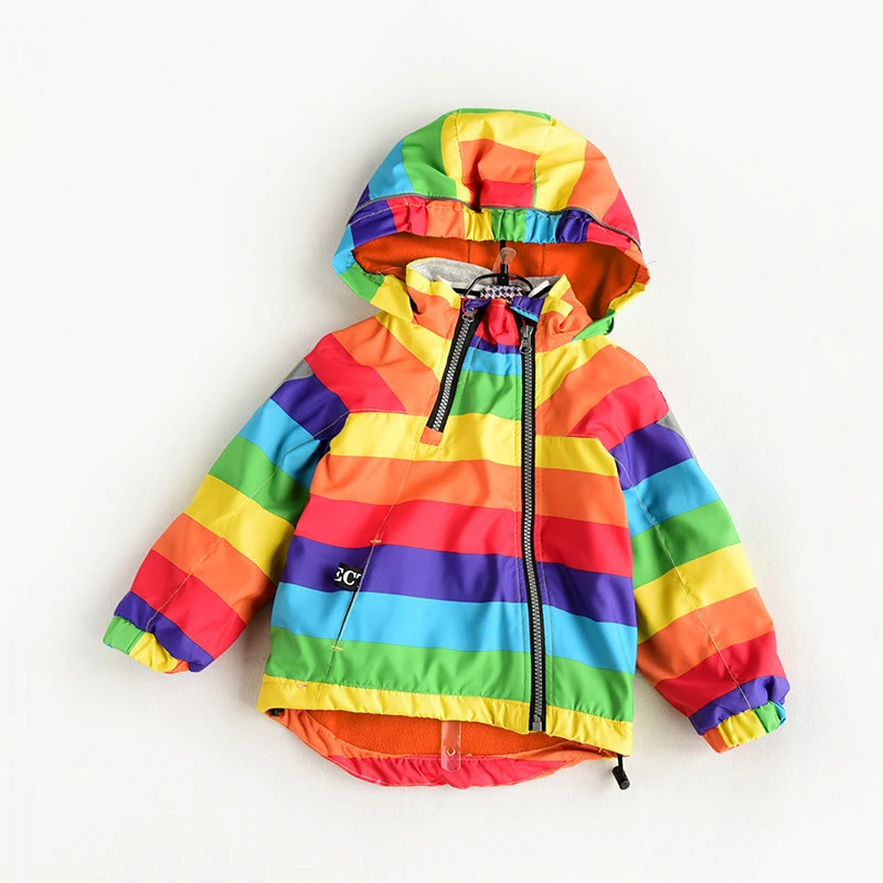 KISBINI/куртки для мальчиков и девочек осенне-зимние плотные флисовые пальто ветровка с капюшоном в радужную полоску для девочек от 2 до 5 лет
