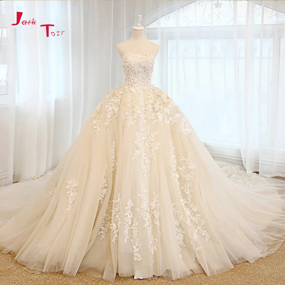 

Jark Tozr Custom Made Strapless Lace Up Beading Appliques Flowers Vintage Ball Gown Wedding Dress 2019 Robe De Mariee With Veil