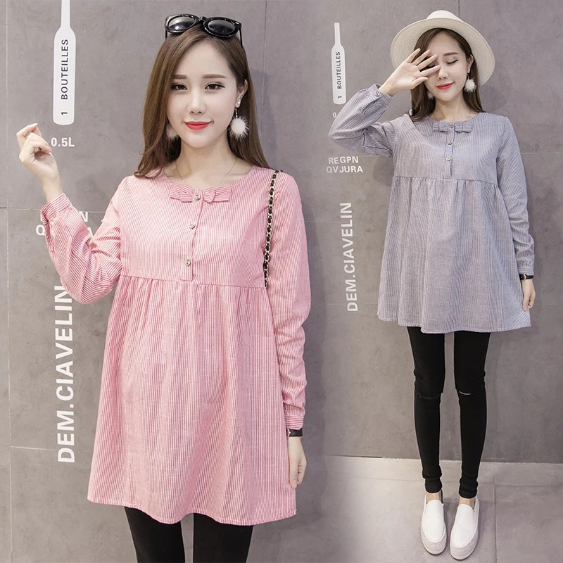 

Stripe Pregnantcy T-shirts Maternity Clothes Spring Autumn Fashion Embroidery Loose Office Blouse Shirts for Pregnant Women C737