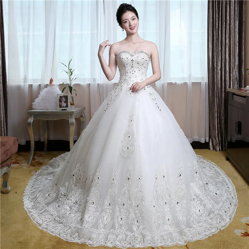 Luxury Sweatheart Lavender Wedding Gowns Embroidery With Crystal Wedding Dresses With Sleeves Sequined Trouwjurk Kant 1229C