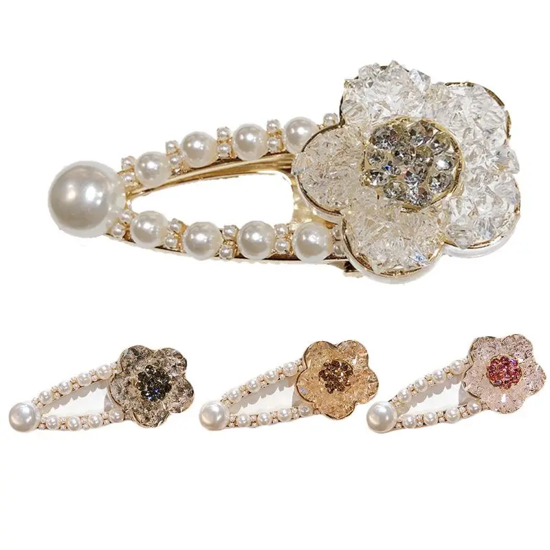 

Luxury Jewelry Decorative Duckbill Hair Clip Ladies Glitter Imitation Crystal Flower Water Drop Hairpin Faux Pearl Styling Tools