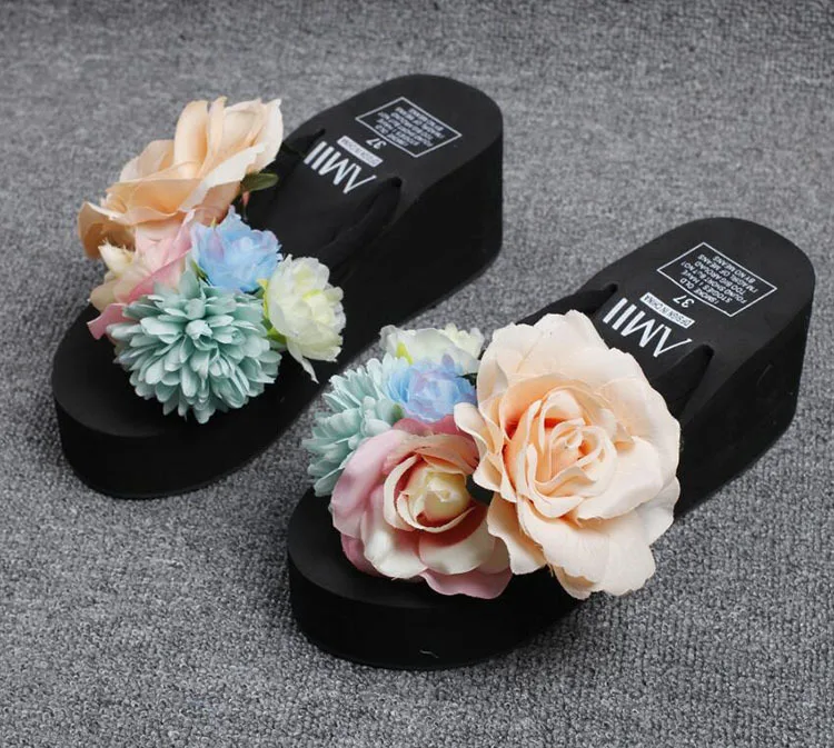2019 New Anti-skid Base Wedge Shoes For Sale Handmade Flowers Buy Beach Flip Flops Slippers Online Cheap Black46