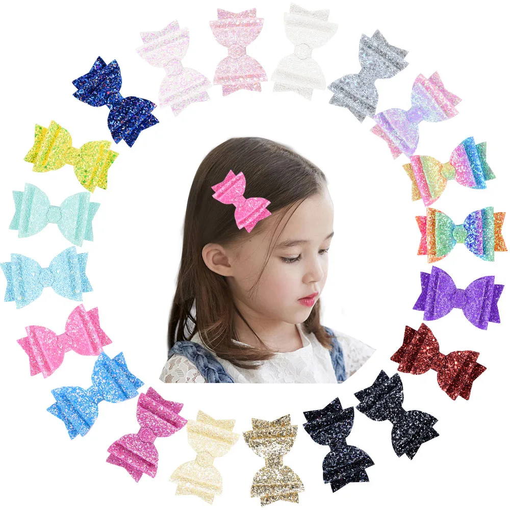 

3.5inch Boutique Glitter Solid Hair Bows With Clips For Women Girls Colorful Bling Hair Pins Children Hair Accessories 932