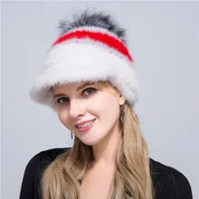 Новинка, Русская женская повседневная шапка из меха норки, шапка с большим помпоном из лисы, вязаная шапка из водоотталкивающей норки, зимняя теплая модная меховая шапка L#135