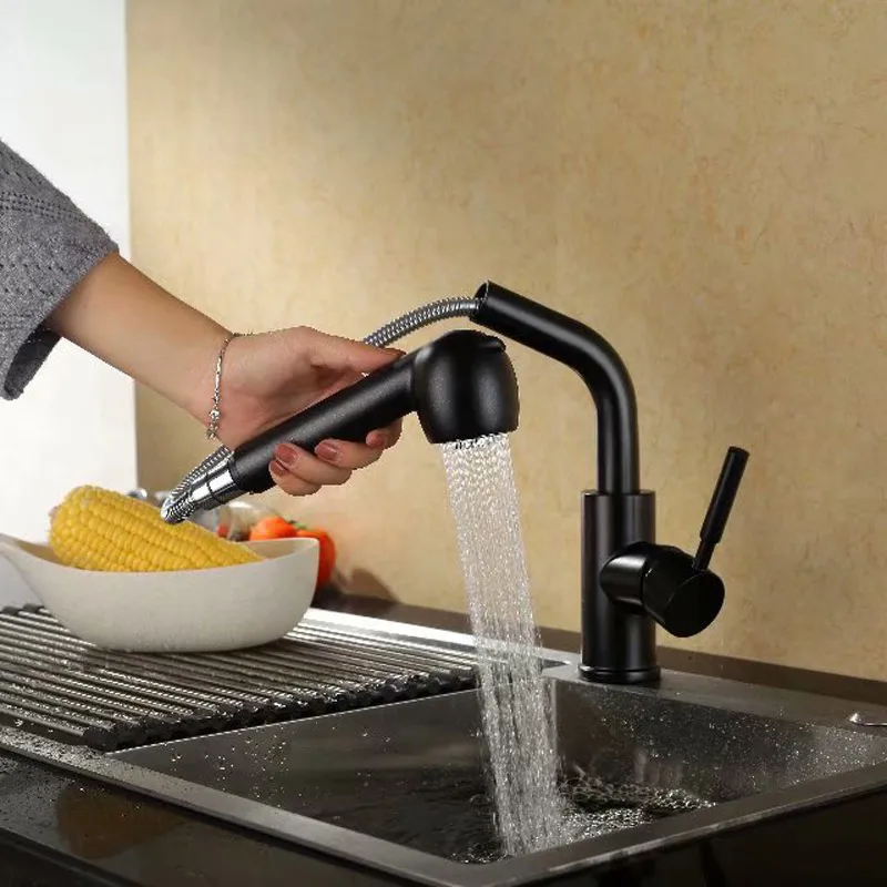 

black pull out cold and hot mixer faucet kitchen sink washing full copper telescopic washing table sink faucet deck mounted