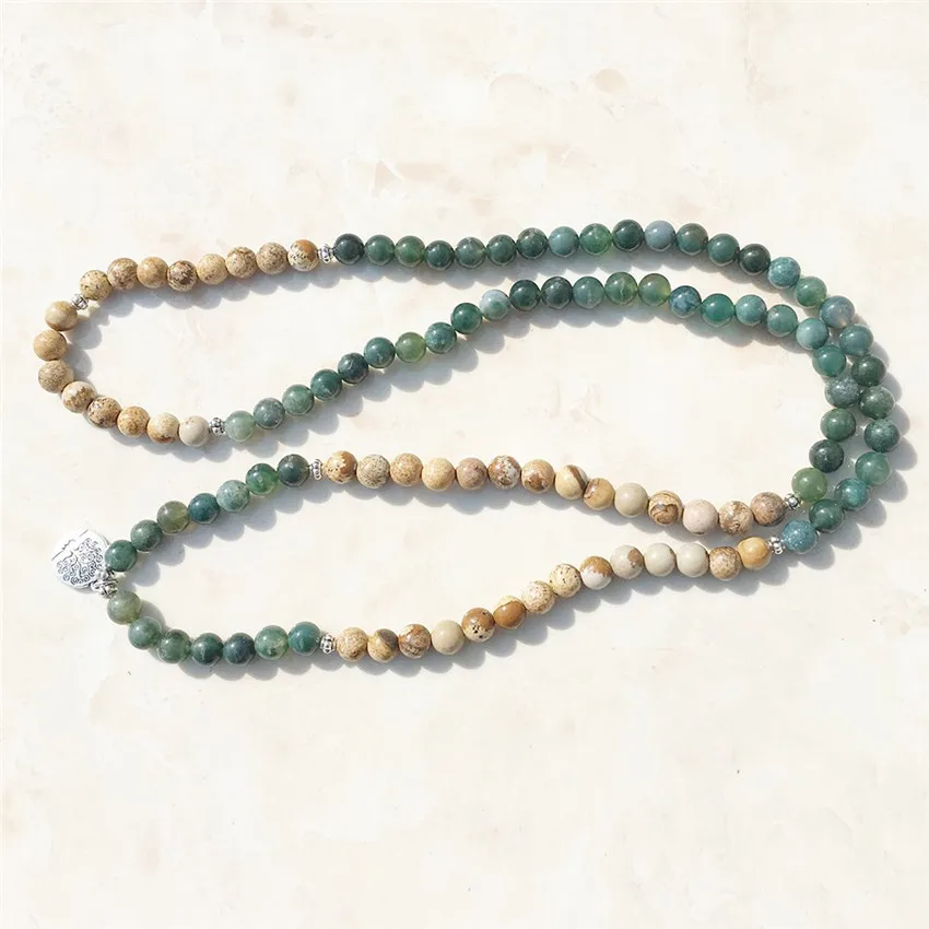 6mm Green Stone Picture Stone Bracelet 108 Beads Life Tree Pendant Diy Chic Monk Cheaply Pray Handmade Healing Lucky Sutra