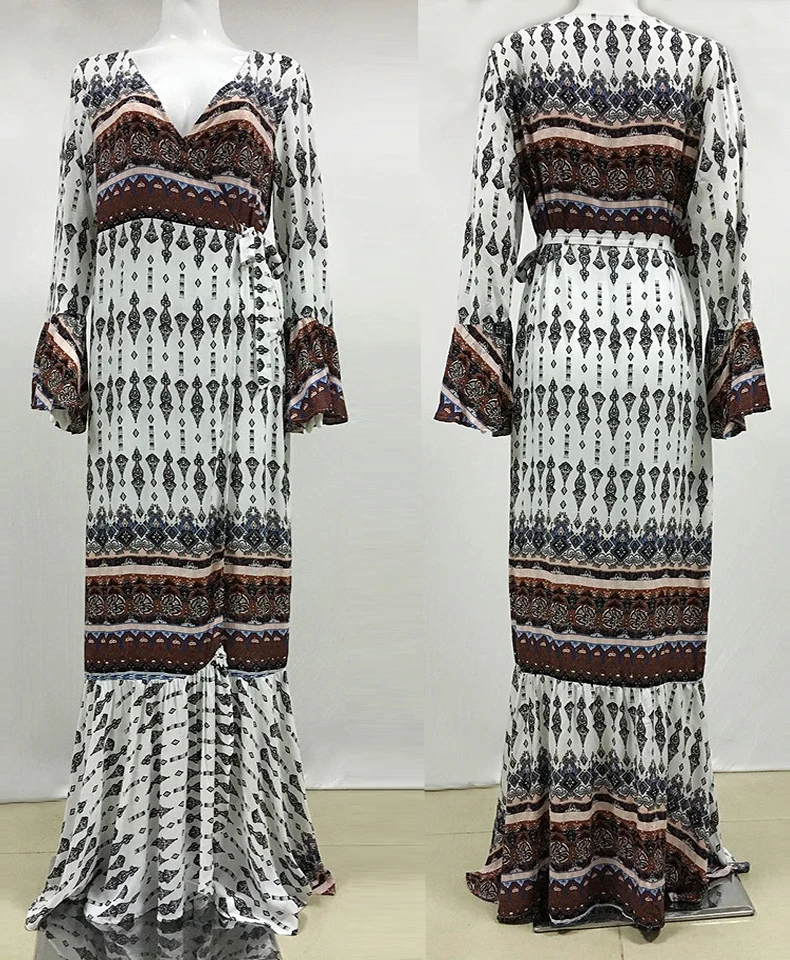 Jessie Vinson богемный стиль бохо печати Сплит Макси платье v-образным вырезом с длинным рукавом размера плюс пляжный сарафан Vestido для женщин