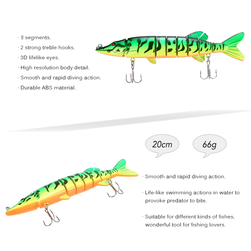 " /20 см 66 г рыболовная плавающая приманка, воблер, Реалистичная, мульти-соединенная, 8-разъемная, щука, муски, жесткая приманка, рыболовный Тройной Крючок, Снасть
