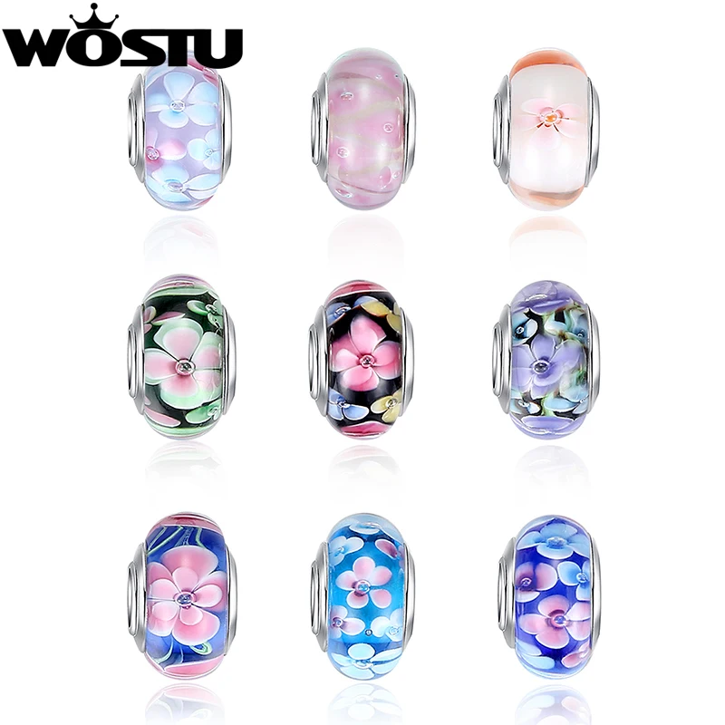 

Hot Sale Silver Flower Murano Glass Beads Fit WOST Bracelet Bangles Charms Original European DIY Jewelry ZBB6318