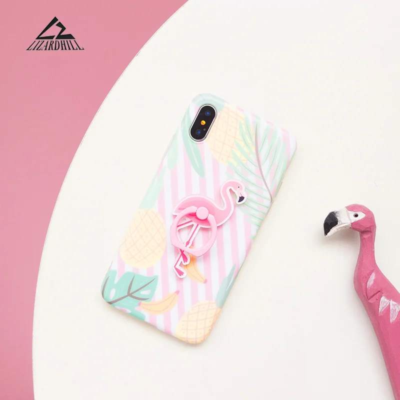 

Pink Striped Pineapple Phone Case with Flamingo Ring Holder For iPhone X XR XS Max 8 7 6 6s Plus Soft TPU Back Cover Cases Capa