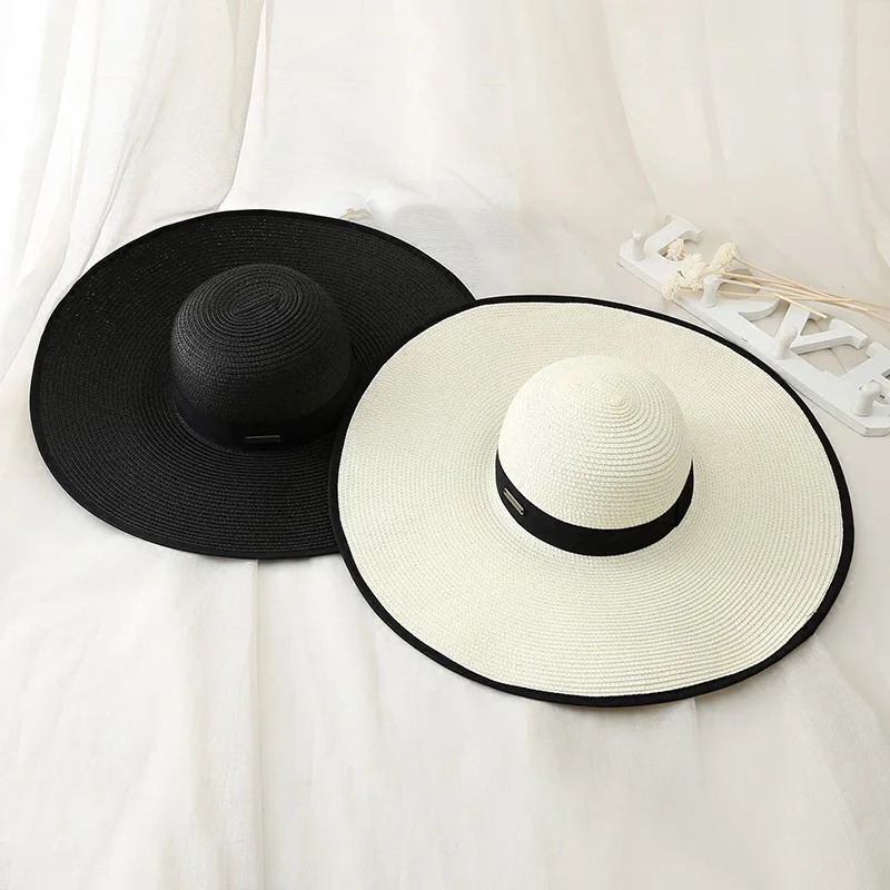 المرأة الصيف سترو القبعات طوي كبيرة واسعة الحواف قبعة الإناث مرن كاب أزياء السيدات عطلة الشاطئ الشمس شقة قبعات CP0226