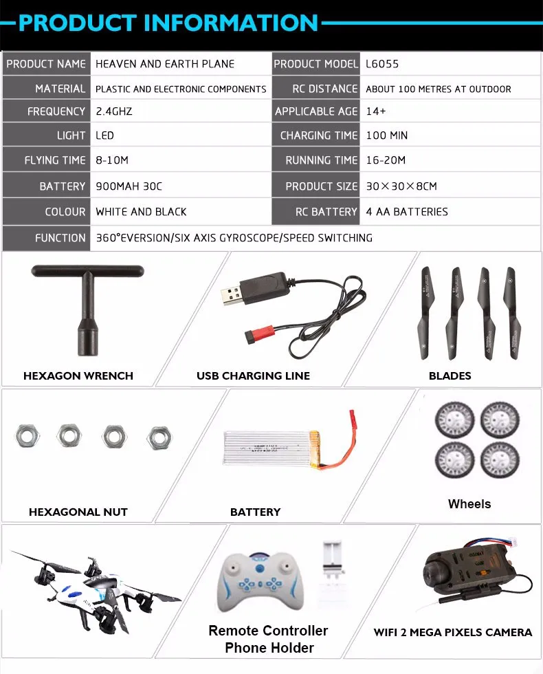 M2 2016 Newest Air Pressure Sensor 2 in 1 Land Or Sky RC Quadcopter Flying Car with 2.0MP WIFI FPV Camera Drone Remote Control Toys