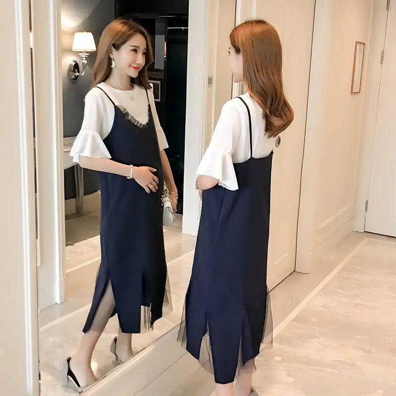 

Pregnant women spring summer dress Korean short-sleeved dress skirt pregnant women dress long paragraph pregnant women two-piece