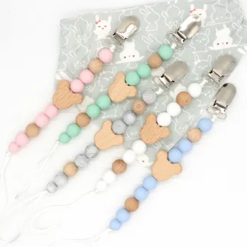 

5 Pcs Cute Cartoon Mouse Shape Silicone and Wood Baby Pacifier Clips Chain Newborn Teether Toy Baby Accessories