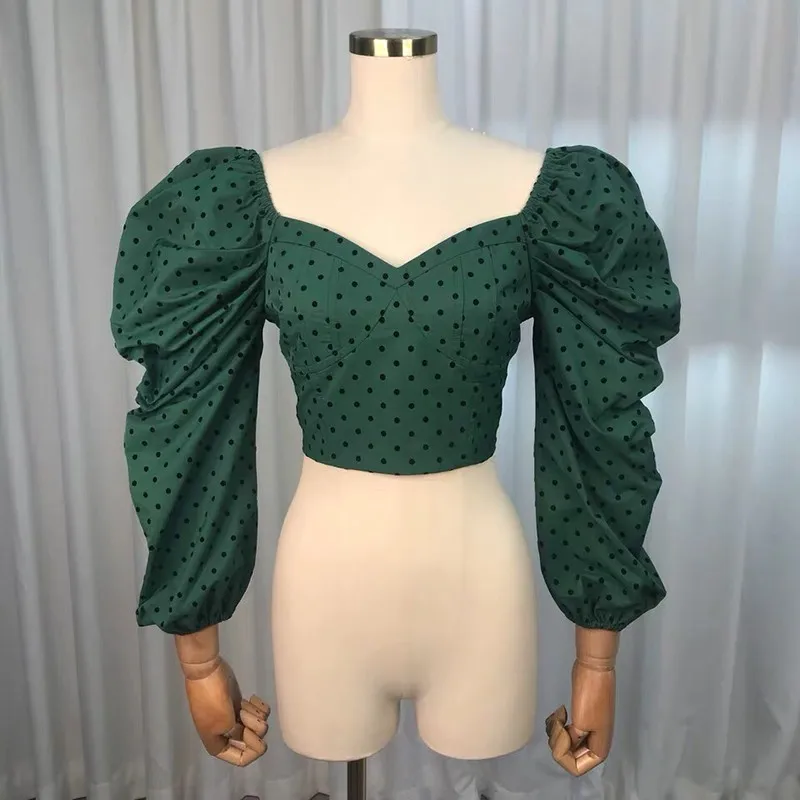 TWOTWINSTYLE, узор в горошек, v-образный вырез, Повседневная Женская блузка с буфами на рукавах, открытая спина, короткая Сексуальная женская рубашка, Весенняя мода, новинка - Цвет: green