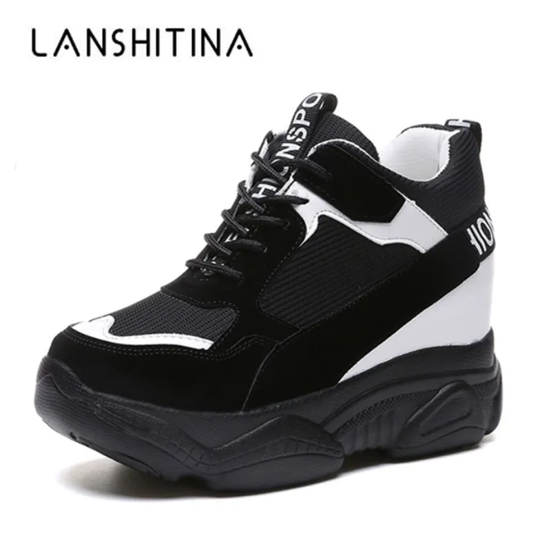 

New 2018 Casual Women Shoes Height Increasing 9 CM Ladies Shoes Breathable Leather Platform Shoes Wedge Black Red Shoes Sneakers