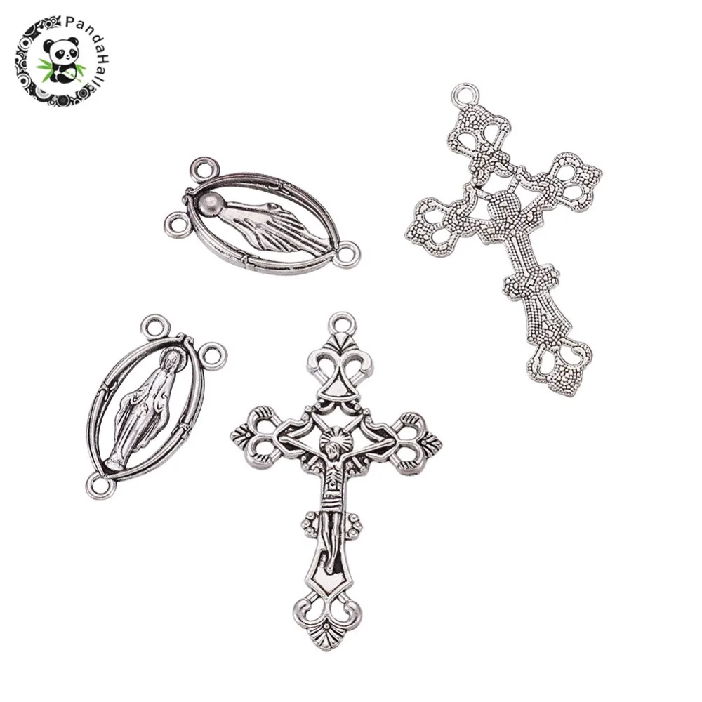 

PANDAHALL 10 sets Alloy Antique Silver Crucifix Necklace Pendant Jesus Cross Charm Oval Rosary Center Sets for Jewelry Making