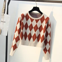 Winter Woman Sweater Knitting Pullovers Diamond Plaid Women Short Loose Autumn Korean Knitted Sweaters Color Block Chic Tops Winter Woman Sweater Knitting Pullovers Diamond Plaid Women Short Loose Autumn Korean Knitted Sweaters Color Block Chic Tops