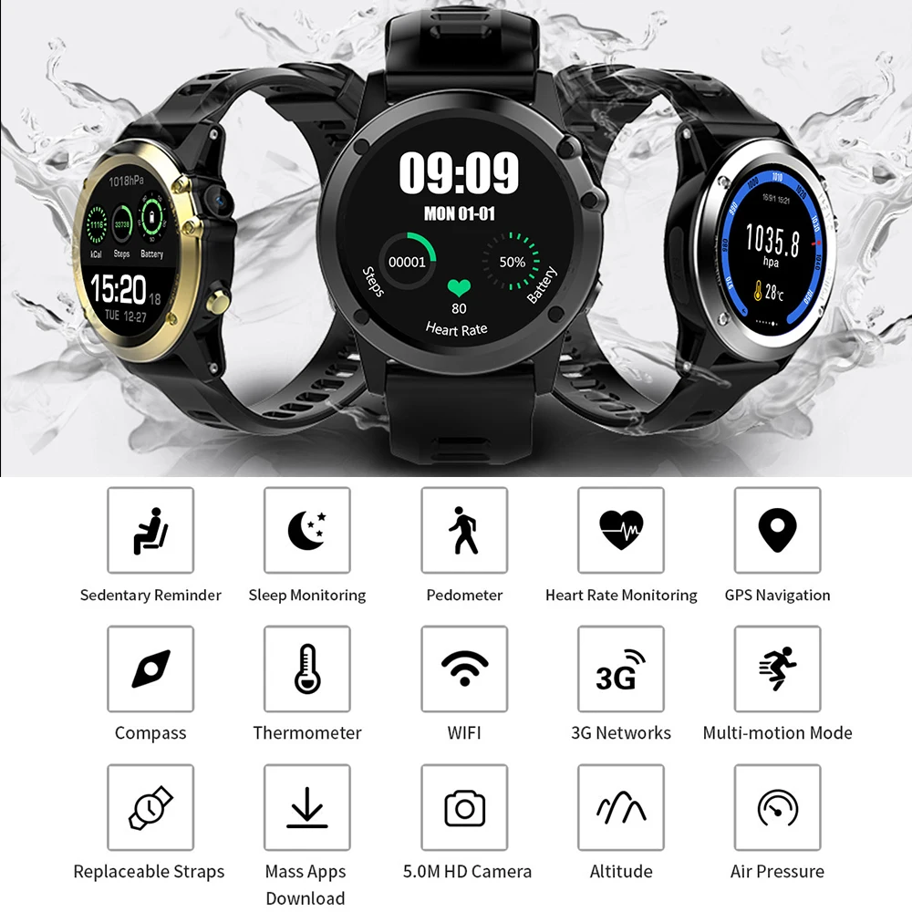  H1 Smart Watch Android 4.4 OS Sports Smartwatch phone MTK6572 512MB 4GB ROM GPS SIM 3G Heart Rate t