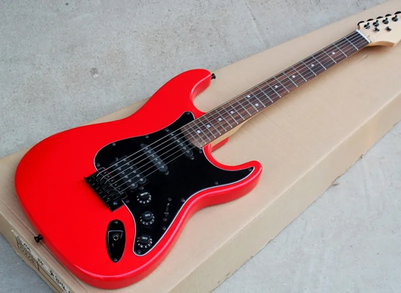 Red body electric guitar with SSH pickup, Black Pickguard, black hardware, custom made, free delivery.