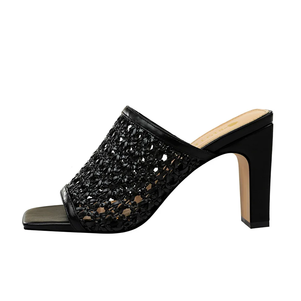 Простые туфли-лодочки на высоком каблуке; женская обувь; повседневные сандалии; женские шлепанцы в богемном стиле; вязаная обувь на квадратном каблуке; zapatos de mujer - Цвет: Черный