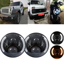 2Psc 7inch LED Headlight Head light lamps with Halo Angel Eyes For Lada 4x4 urban Niva Jeep JK Land Rover Defender Hummer hjyueng for lada 4x4 urban niva 7 black led h4 headlight daymaker lamps headlamp for jeep wrangler jk tj lj land rover defender