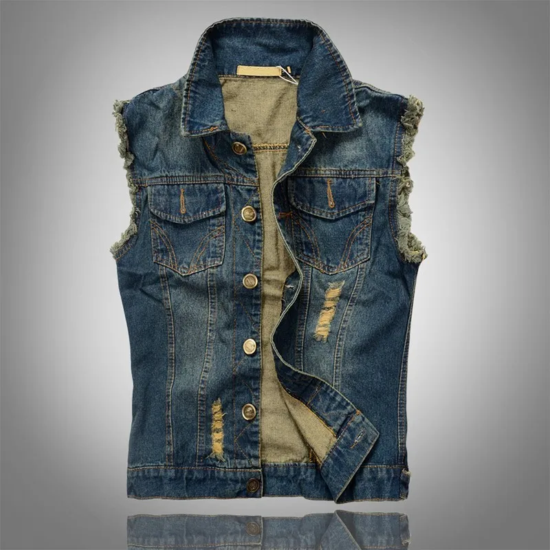 Fashion Mens Denim Waistcoat With Pockets 2017 Blue Sleeveless Jeans