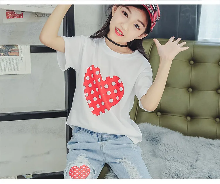 Girls T Shirts Kids  Summer Tops For Baby Girl Short Sleeve Heart Dot Cotton T-Shirt Tees 8 9 10 12 Years Big Girls Clothes (15)