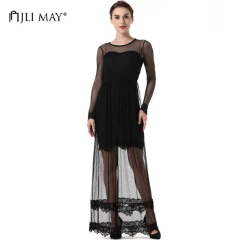 

JLI MAY Split lace maxi dress women evening elegant sexy long sleeve o-neck slim transparent autumn ladies long party dresses