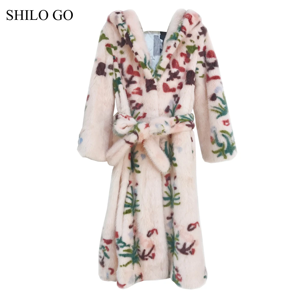

SHILO GO Fur Coat Womens Winter Fashion whole real Mink Fur long coat hooded collar luxury flower leaves print belt skirt coat